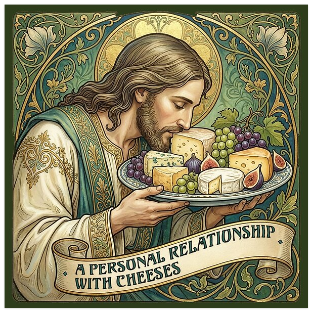 Jesus sniffing cheeses in a personal relationship with cheeses