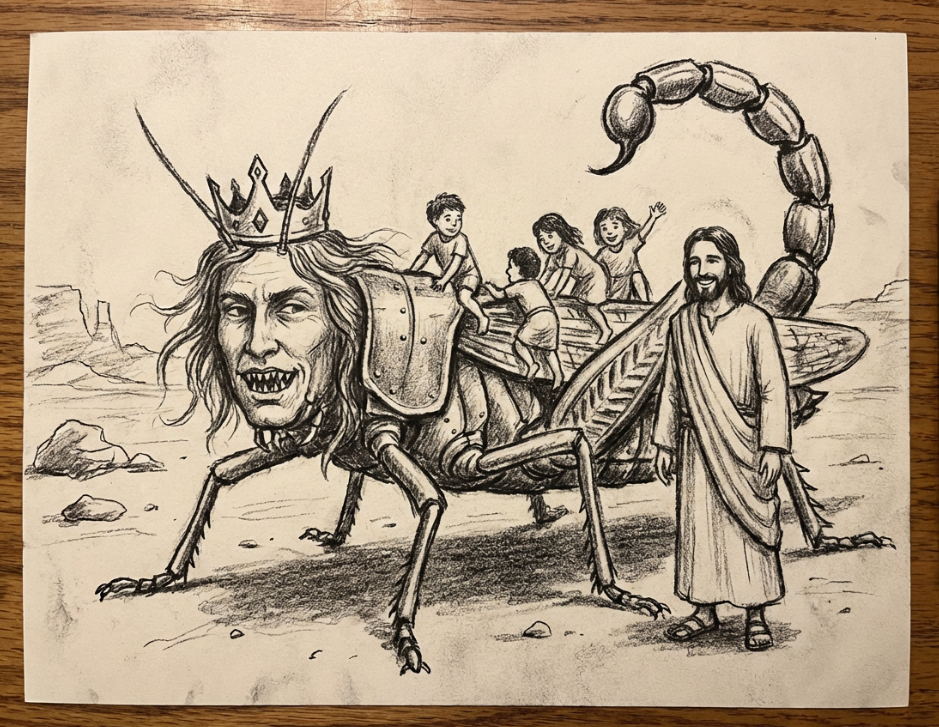 Children ride on a scorpion locust that will torment them and Jesus smiles at suffering