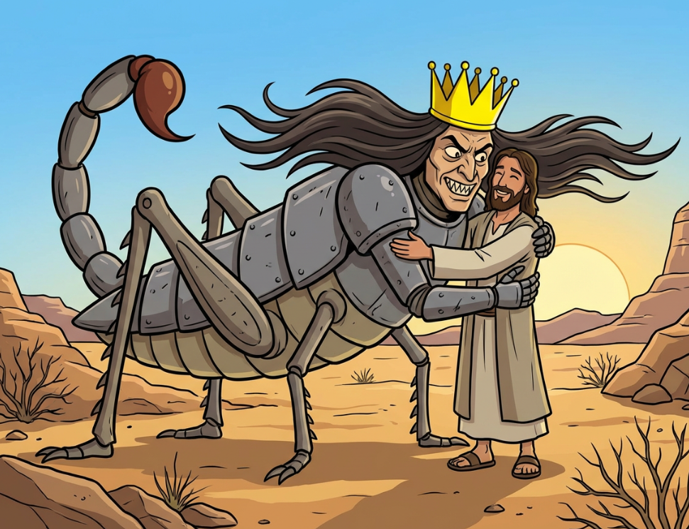 Jesus Christ hugs the torture locust beast of the Book of Revelation Chapter 9