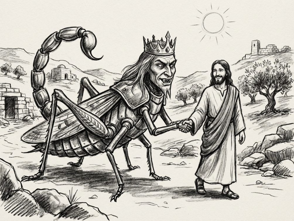 Jesus and the torture scorpion locust of Revelation walk hand in hand