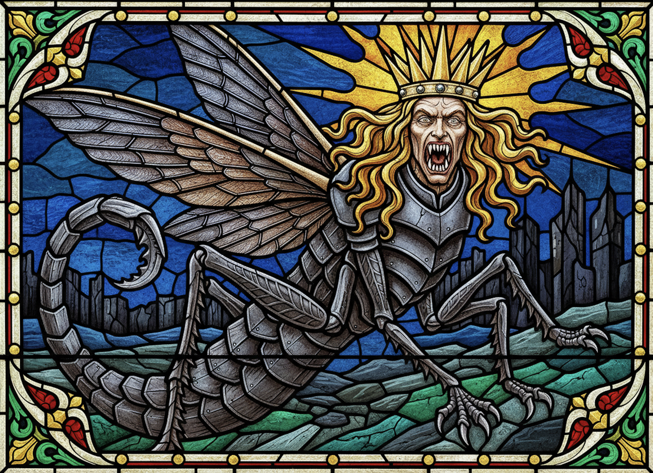 Book of Revelation torture locust Abaddon in a stained glass window