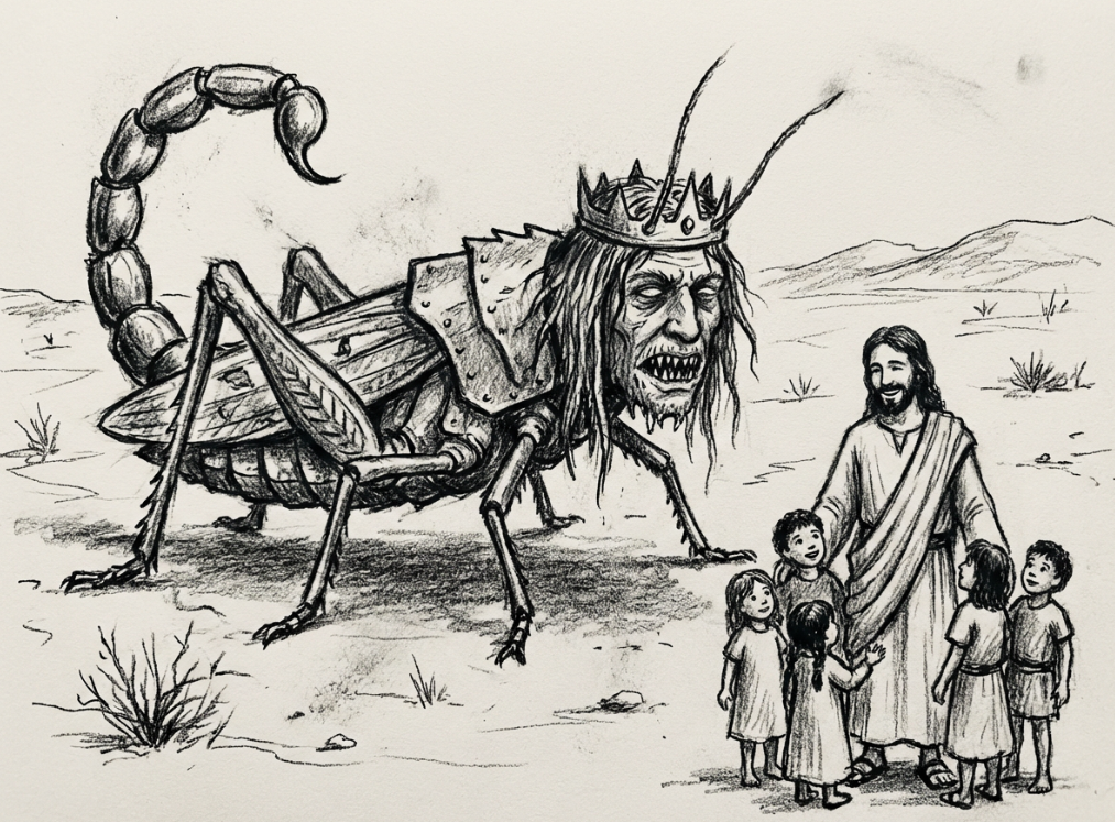 Violent Jesus feeds children to a locust monster in the New Testament