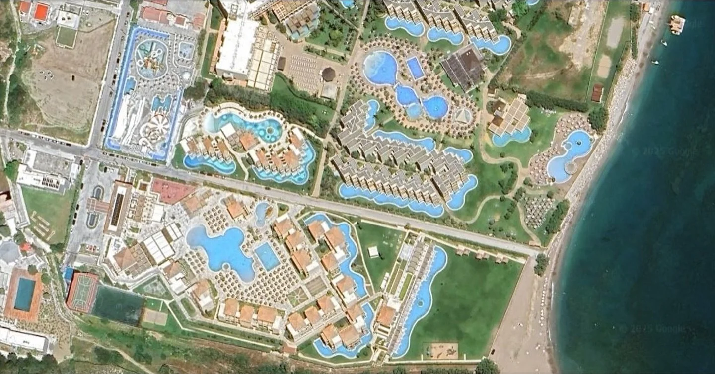 Remember the olive groves ? 

What 20 years can do to a landscape. 

How many swimming pools do we collectively need?
 
Do we not see right next to them the Mediterranean sea, crystal clear, warm, and full of life ( &mdash; for now) ?

Rhodes is an i