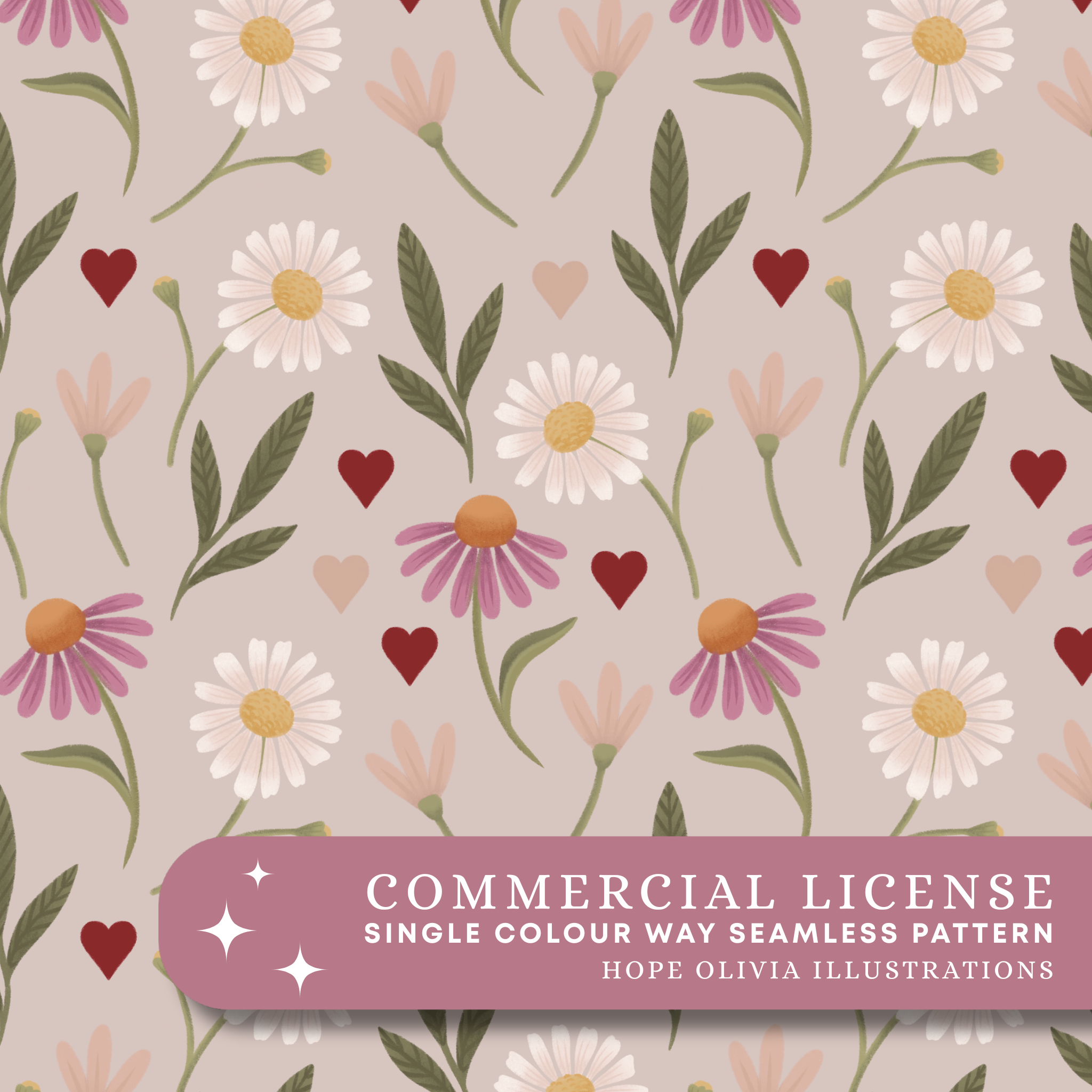 Echinacea and Daisies Seamless Pattern