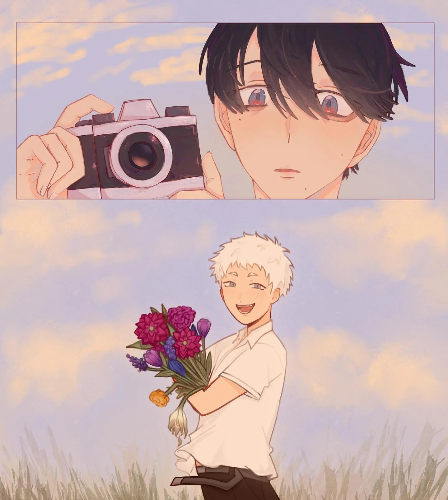 The Summer Hikaru Died Collab :&gt;
@pexshrex @hellokuokie 

#thesummerhikarudied #tshd #fanart

notice how hikaru&rsquo;s flowers are dying and yoshiki&rsquo;s are alive ha ha