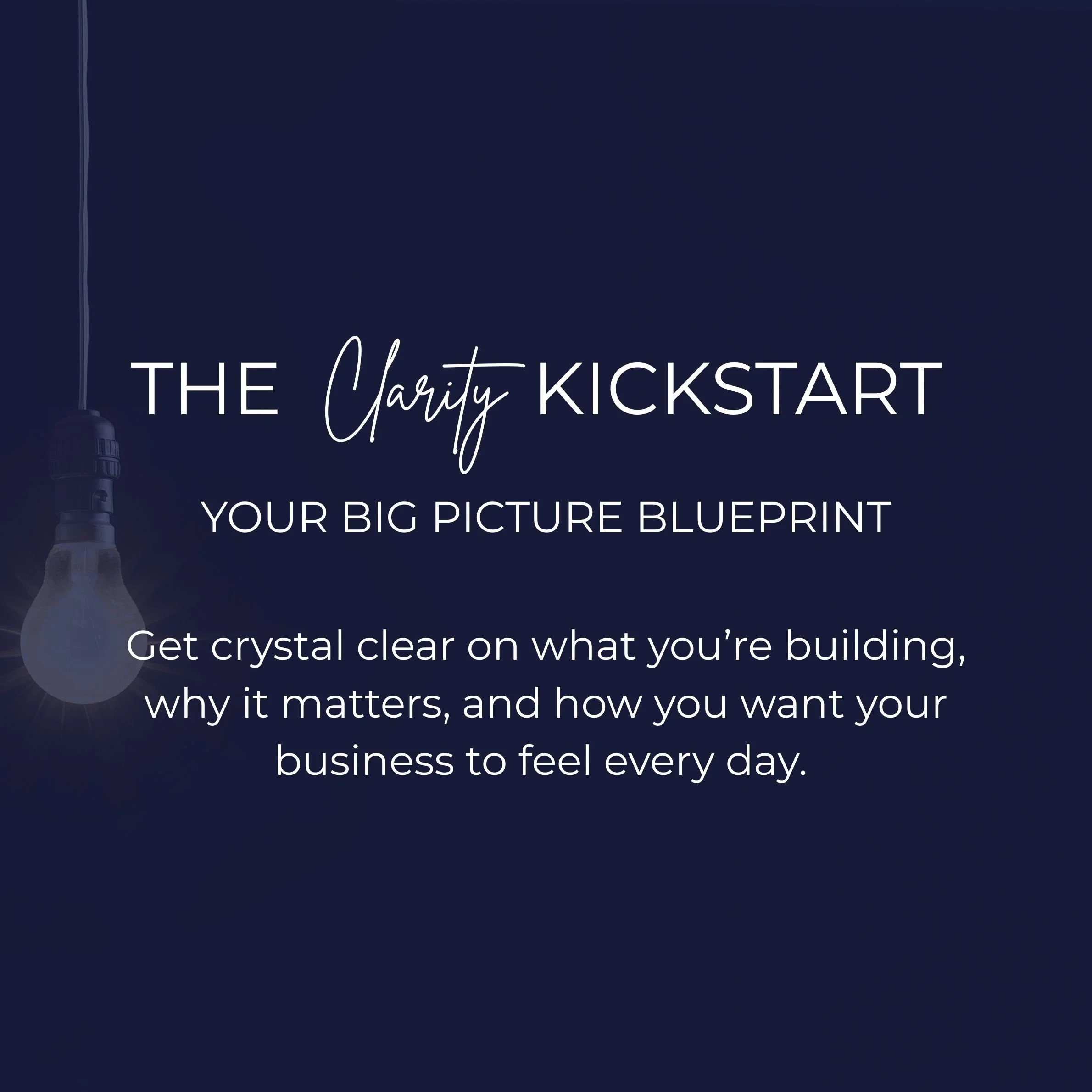Dark blue background with a lightbulb on the left and white text promoting a business blueprint called 'The Charidy Kickstart' for building a strong business foundation.