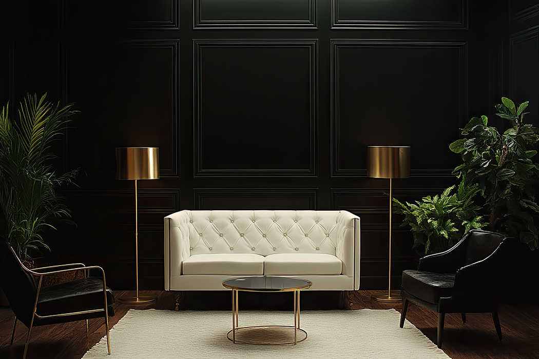Elegant living room with a white tufted sofa, black armchairs, gold floor lamps, green plants, dark paneled walls, and a small glass coffee table.