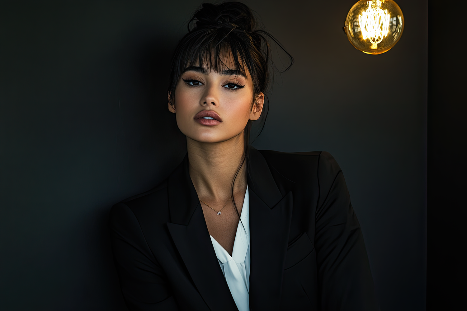 A young woman with dark hair and bangs, wearing a black blazer and white blouse, poses against a dark background with a glowing, spherical light fixture nearby.