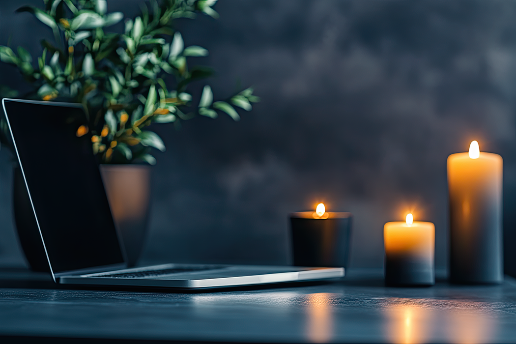 Laptop computer with a potted plant and three lit candles on a dark surface