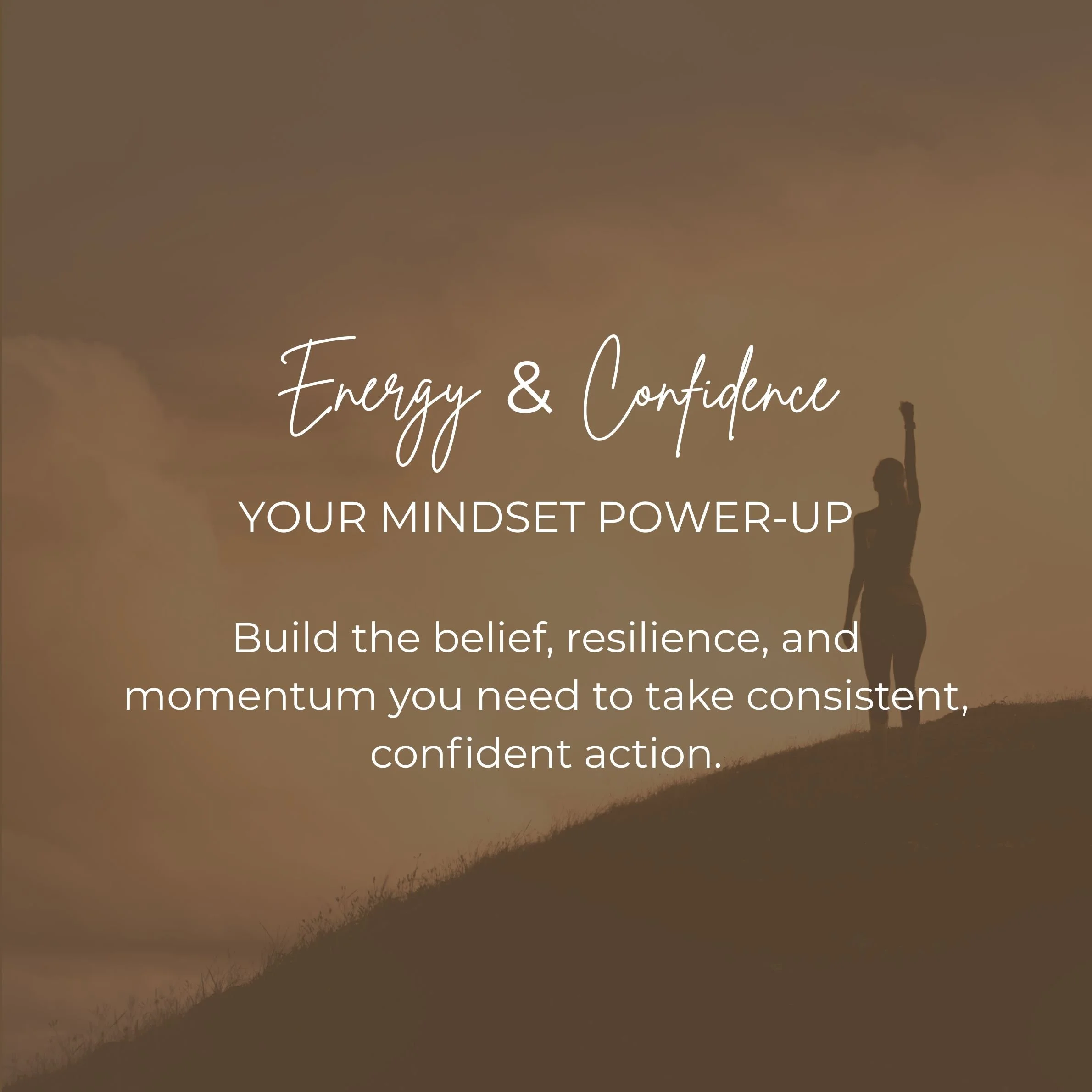 Silhouette of a woman standing on a hill at sunset, raising her hand in empowerment.