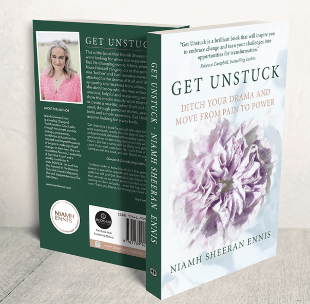 Front and back cover of a book titled 'Get Unstuck' by Niamh Sheeran Ennis, featuring a lavender-colored flower on the front cover and a photo of the author on the back cover.
