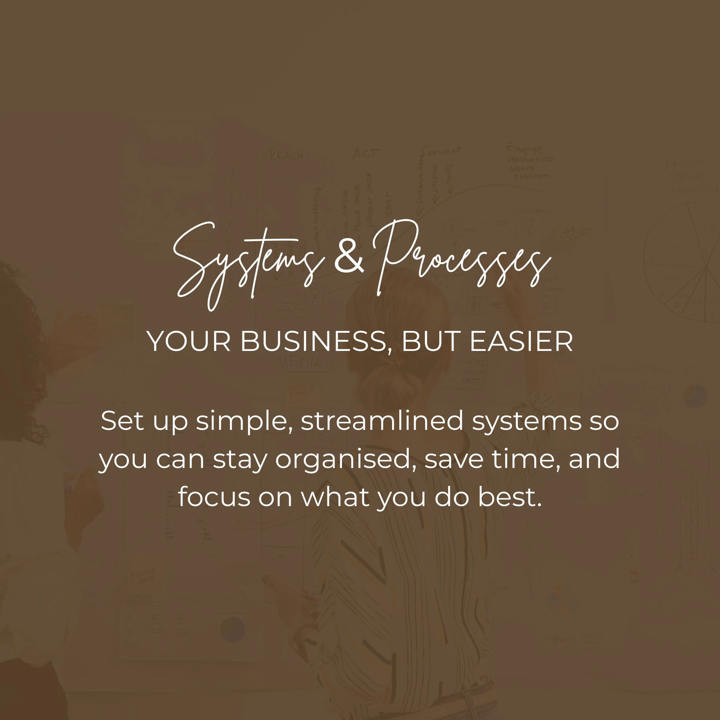 Overlay text on a blurred background of people in a business meeting with charts and diagrams on a whiteboard, reading "Systems & Processes: Your Business, But Easier. Set up simple, streamlined systems so you can stay organized, save time, and focus on what you do best."