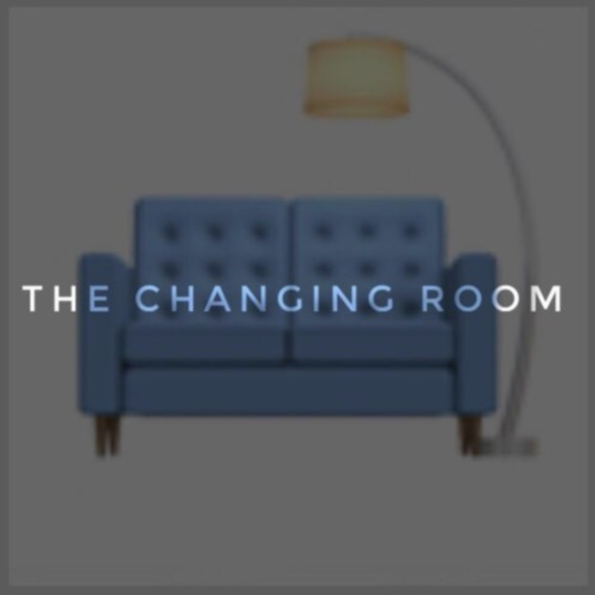 A blue couch with tufted cushions and wooden legs, a yellow floor lamp with an arched stand, and the text "THE CHANGING ROOM" overlaid on the image.