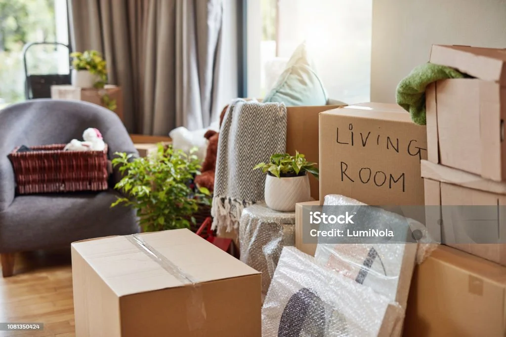Room filled with packed cardboard boxes labeled "Living Room," a grey armchair with a brown throw, a woven basket, a plant, and wall art wrapped in bubble wrap, indicating a moving process.