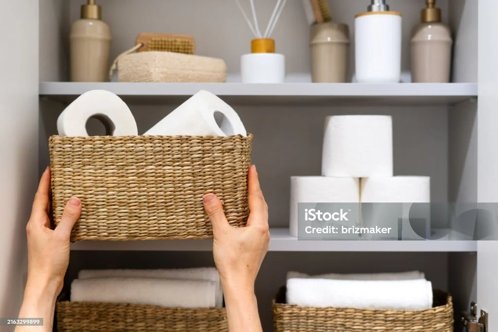 Person organizing rolls of toilet paper in a woven basket on a shelf, with additional bathroom items like soap dispensers and towels.