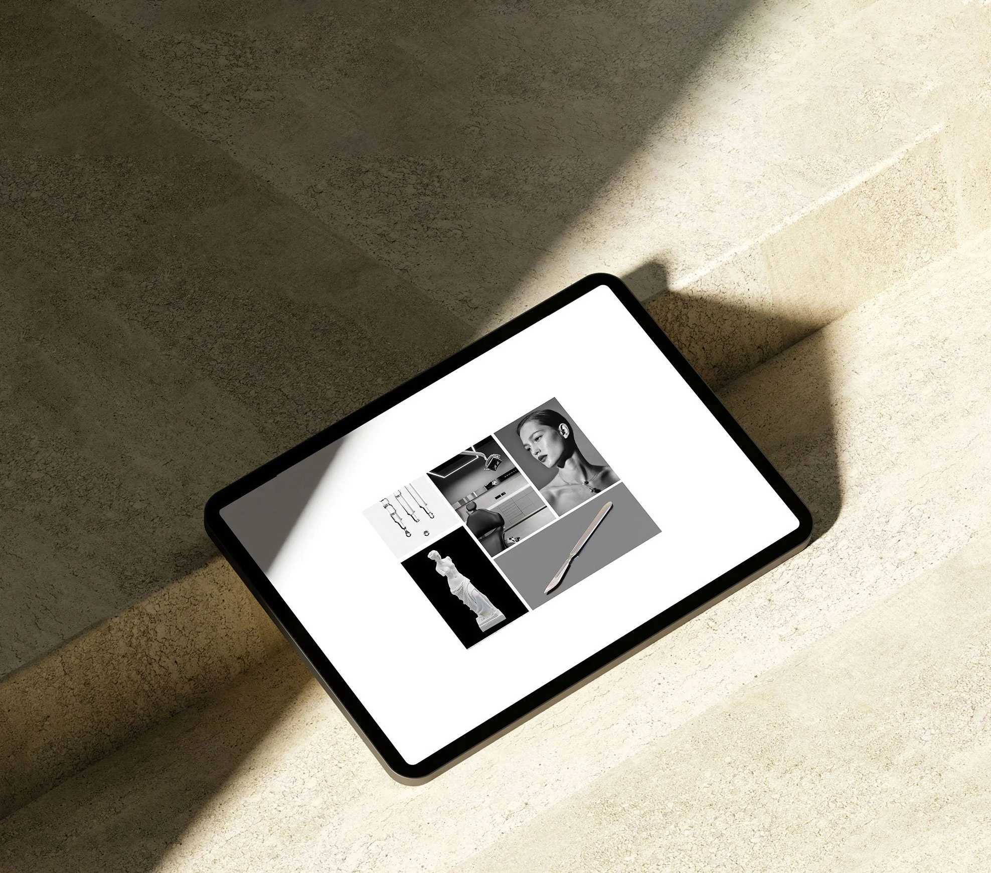 A study in restraint and structure, the moodboard sets a tone that balances classical cues with clinical clarity.