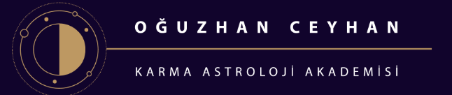 Logo mit einem halbmondförmigen Symbol und dem Text 'Oğuzhan Ceyhan Karma Astroloji Akademisi' auf dunkelviolem Hintergrund.