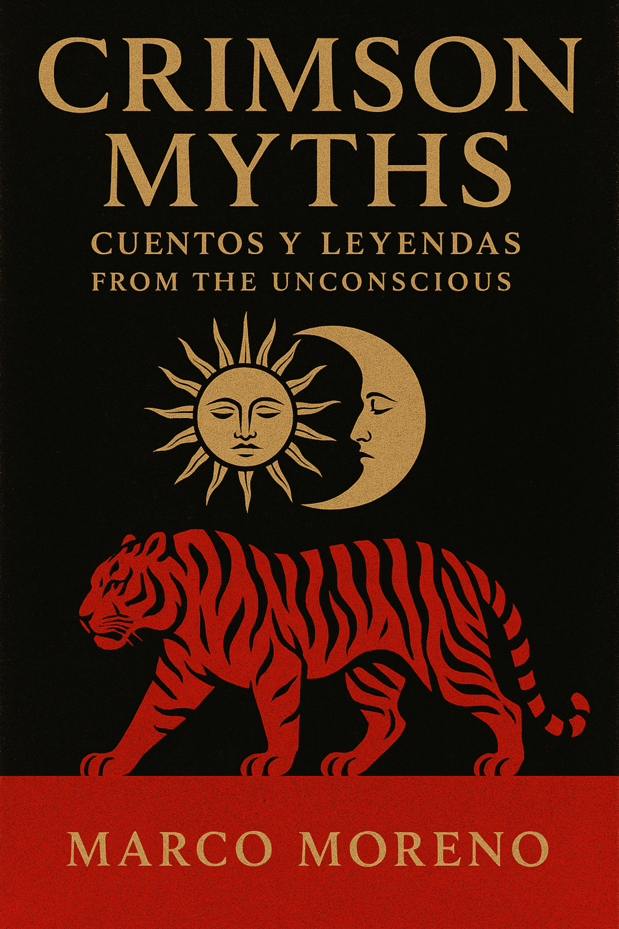Book cover titled "Crimson Myths: Cuentos y Leyendas from the Unconscious" by Marco Moreno, featuring a stylized red tiger, a sun with a face, and a moon with a face on a black background with gold and red text.