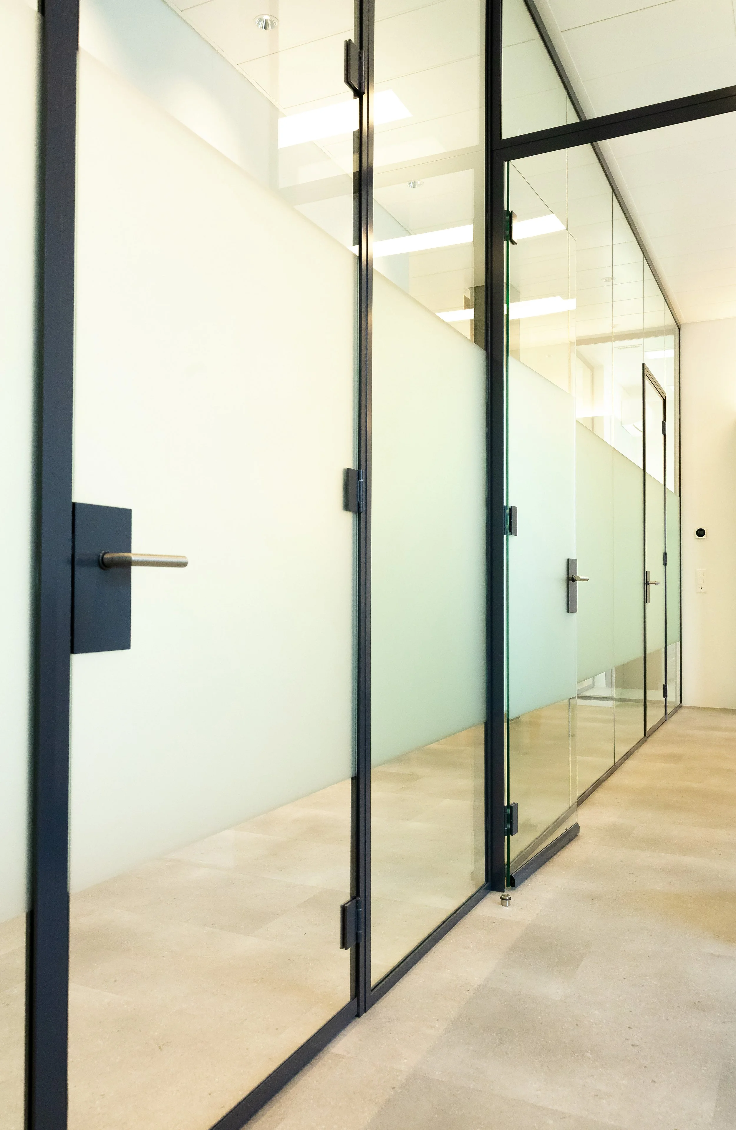 Lange Glaswand mit Metalltürgriffen und schwarzen Elementen in einem modernen Innenraum, aufgenommen im warmen Licht und mit klarer Sicht auf Materialien und Details.