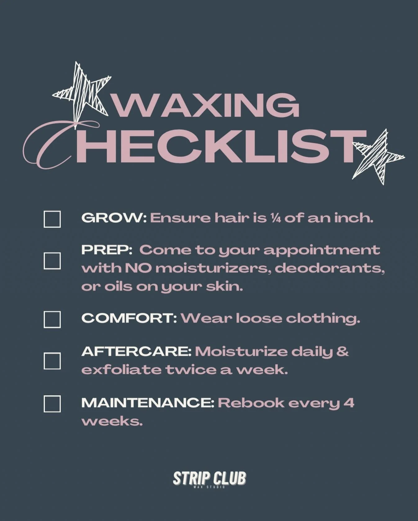 New to stripping? 🤭

Follow this prep + aftercare routine to ensure you get the best results possible! 

✔️ Make sure hair growth is about &frac14; inch
✔️ Arrive with NO lotions, oils, or deodorant on the skin
✔️ Wear loose, comfy clothing
✔️ Moist