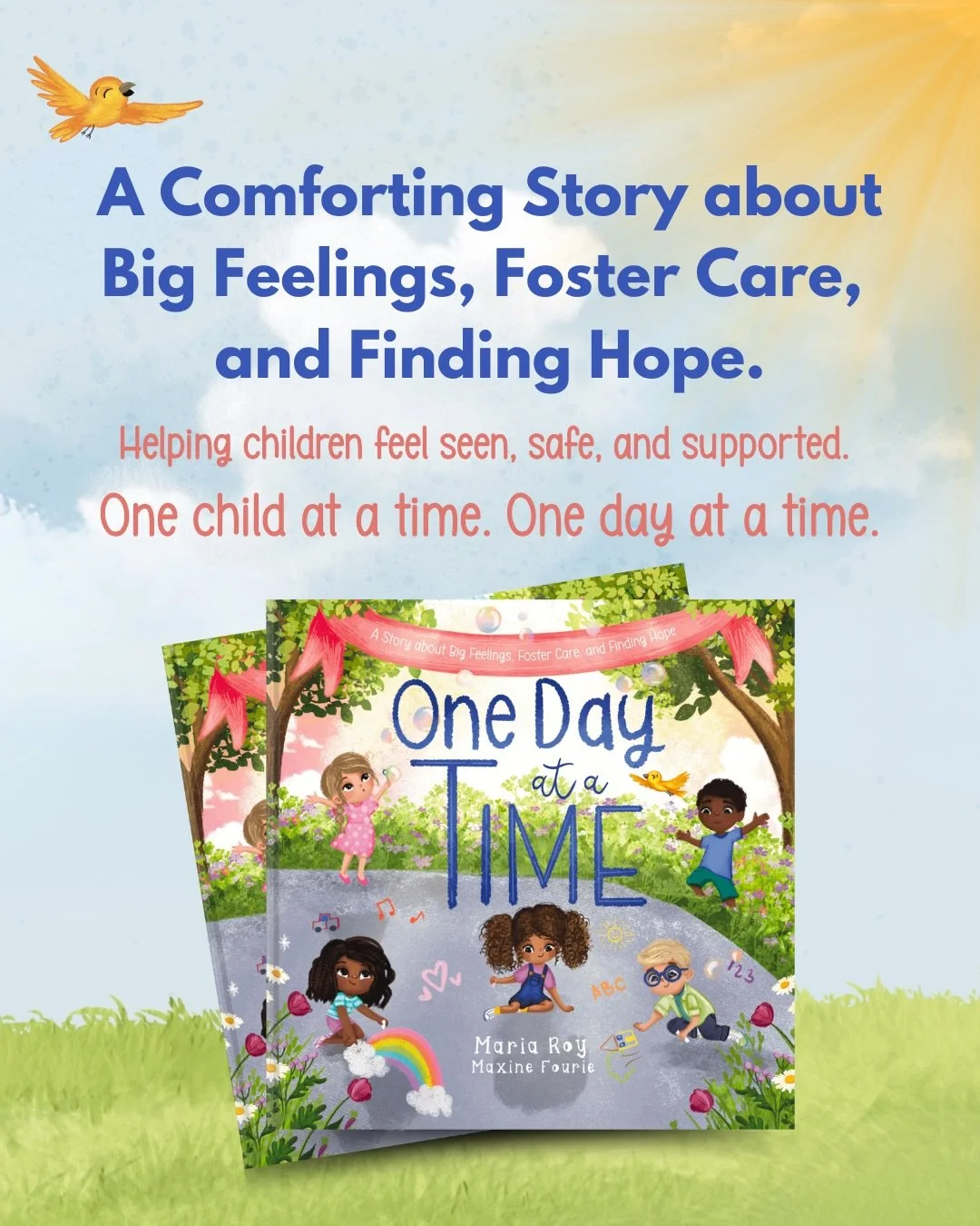 A comforting story about big feelings, foster care, and finding hope 💛 One child at a time. One day at a time. #fostercareawareness #fostercare #onedayatattime #christianchildrensbooks #hope