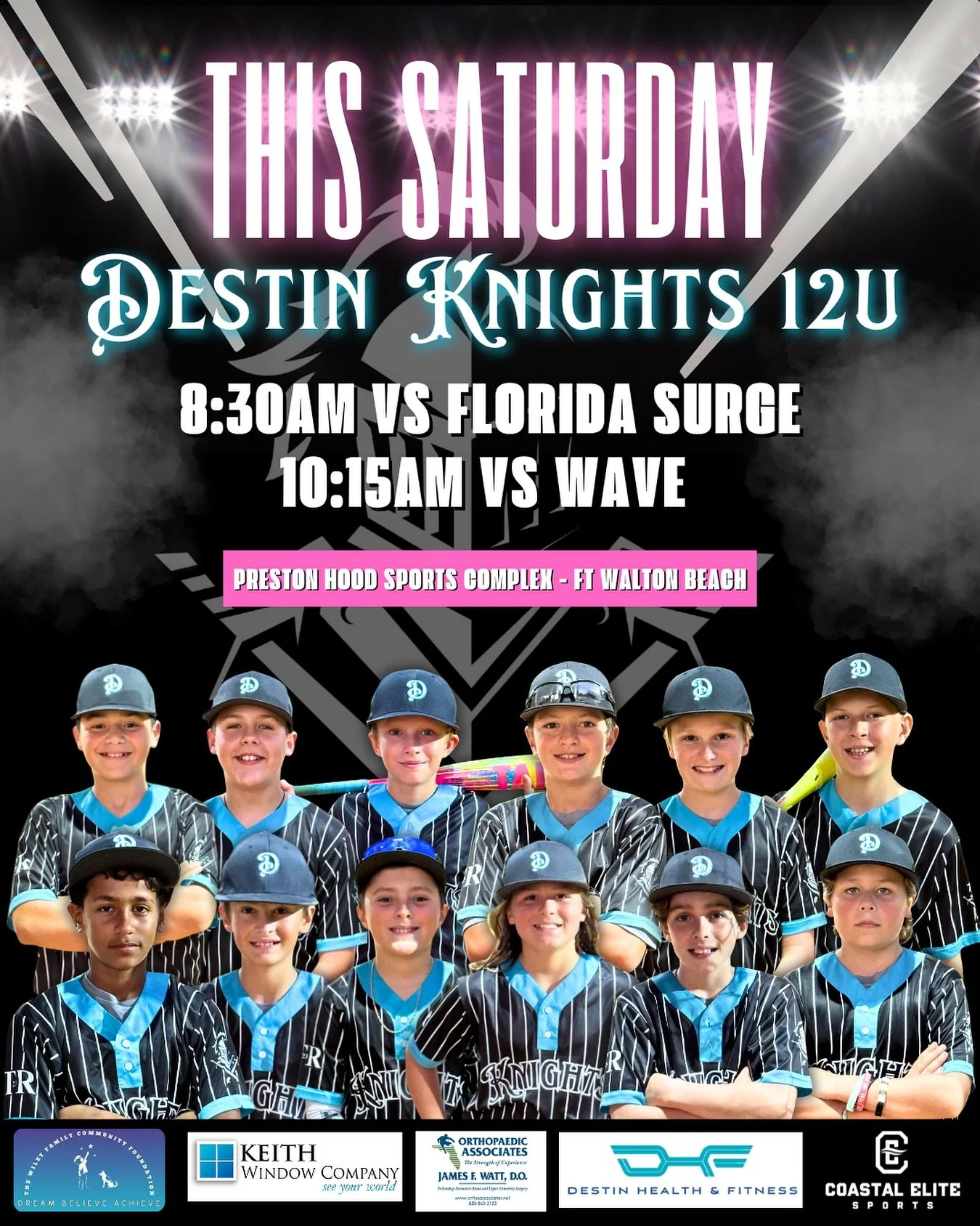 The Destin Knights 12U squad hits the field for their very first tournament this Saturday! 💪🔥 Let&rsquo;s go Knights!! ⚔️ ⚾️ 

Shout out to our 12U team sponsors: 

The Wiley Family Community Foundation
@keithwindowcompany 
Dr Watt @orthopaedicasso