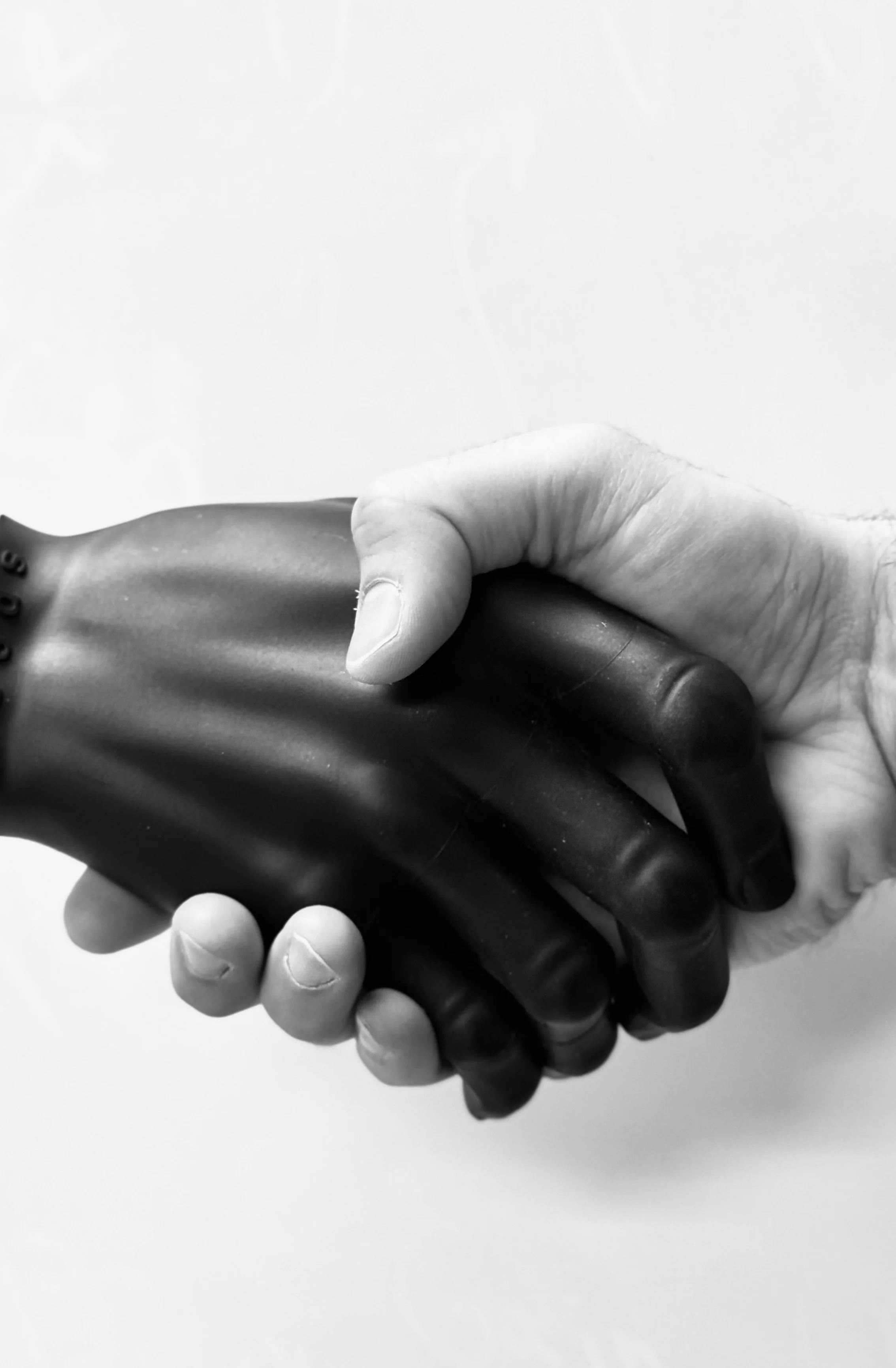 Black and white photo of two hands shaking, one light-skinned and one dark-skinned, symbolizing unity.