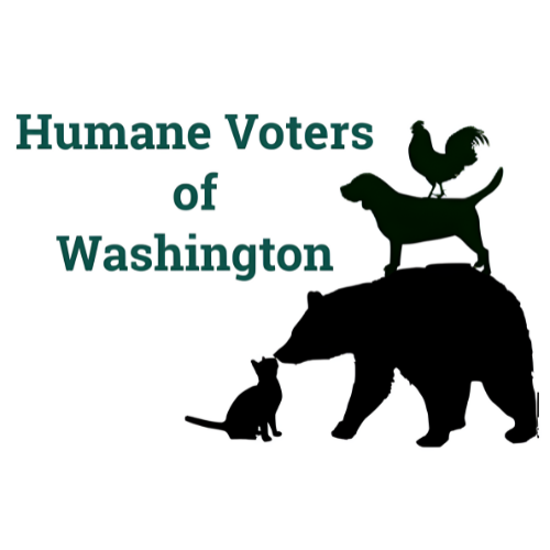 Graphic design with the text 'Humane Voters of Washington' and silhouettes of a dog, a cat, an elephant, and a rooster, symbolizing different animals.