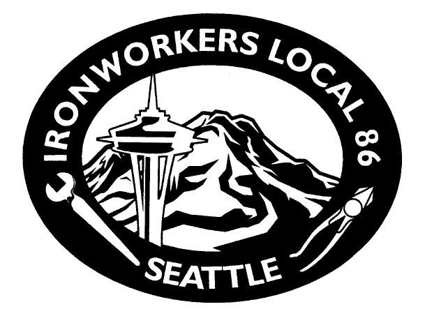 Logo for Ironworkers Local 86 in Seattle featuring mountains, the Space Needle, a torch, and a pair of pliers, with the text 'Ironworkers Local 86 Seattle'.
