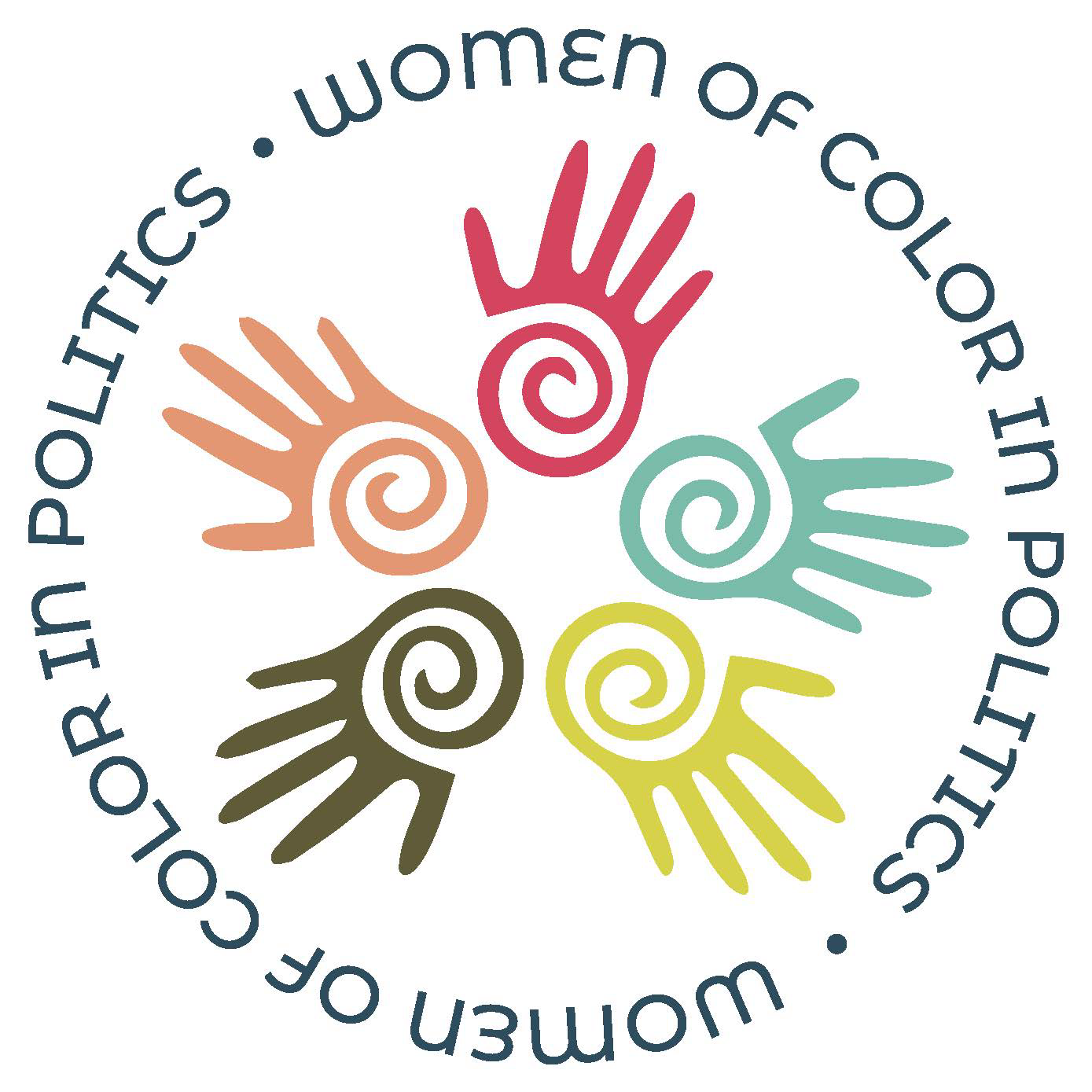 Colorful illustration of five stylized hands with spiral palms in pink, orange, blue, black, and yellow, encircled by the words "Women of Color in Politics" in dark blue