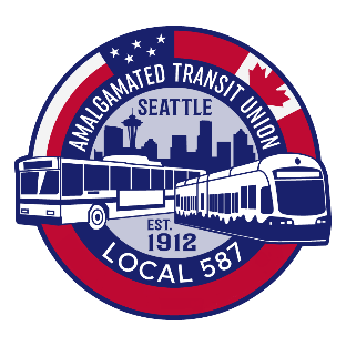 Logo of the Amalgamated Transit Union Local 581 featuring a city skyline, a bus, a train, and the Seattle Space Needle with red, white, and blue colors.