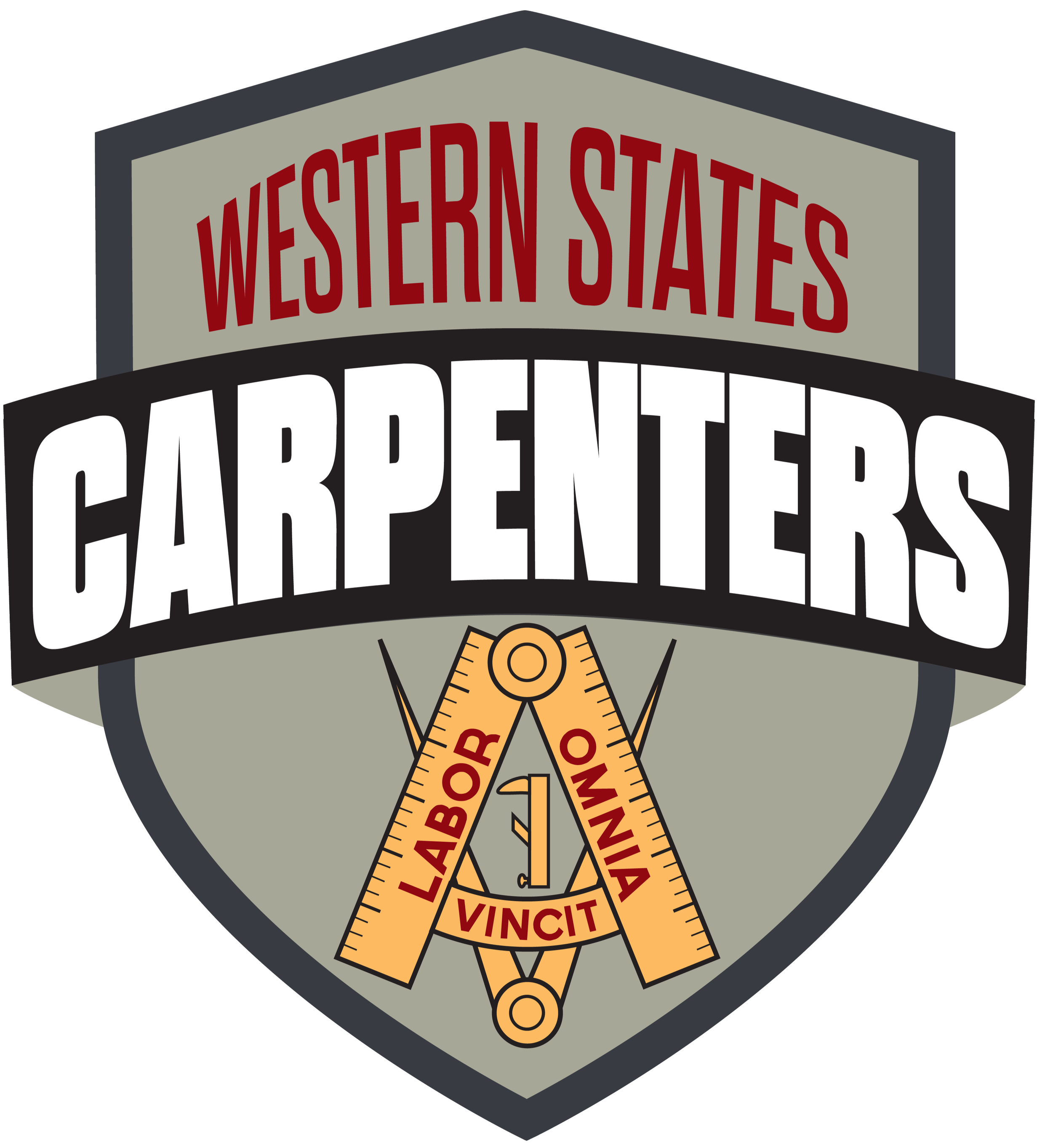 Emblem for Western States Carpenters, featuring a shield and a measuring square with a compass, which has the Latin phrase "Labor Vincit Omnia" written on it.