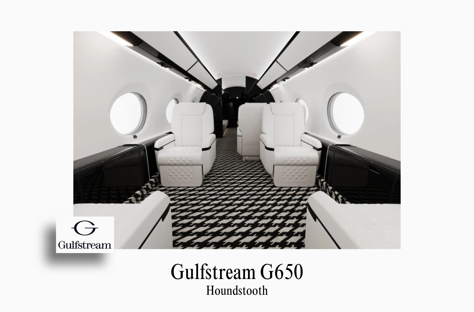 An image showcasing the bespoke private jet interior of a Gulfstream G650 by Sarah Larranaga