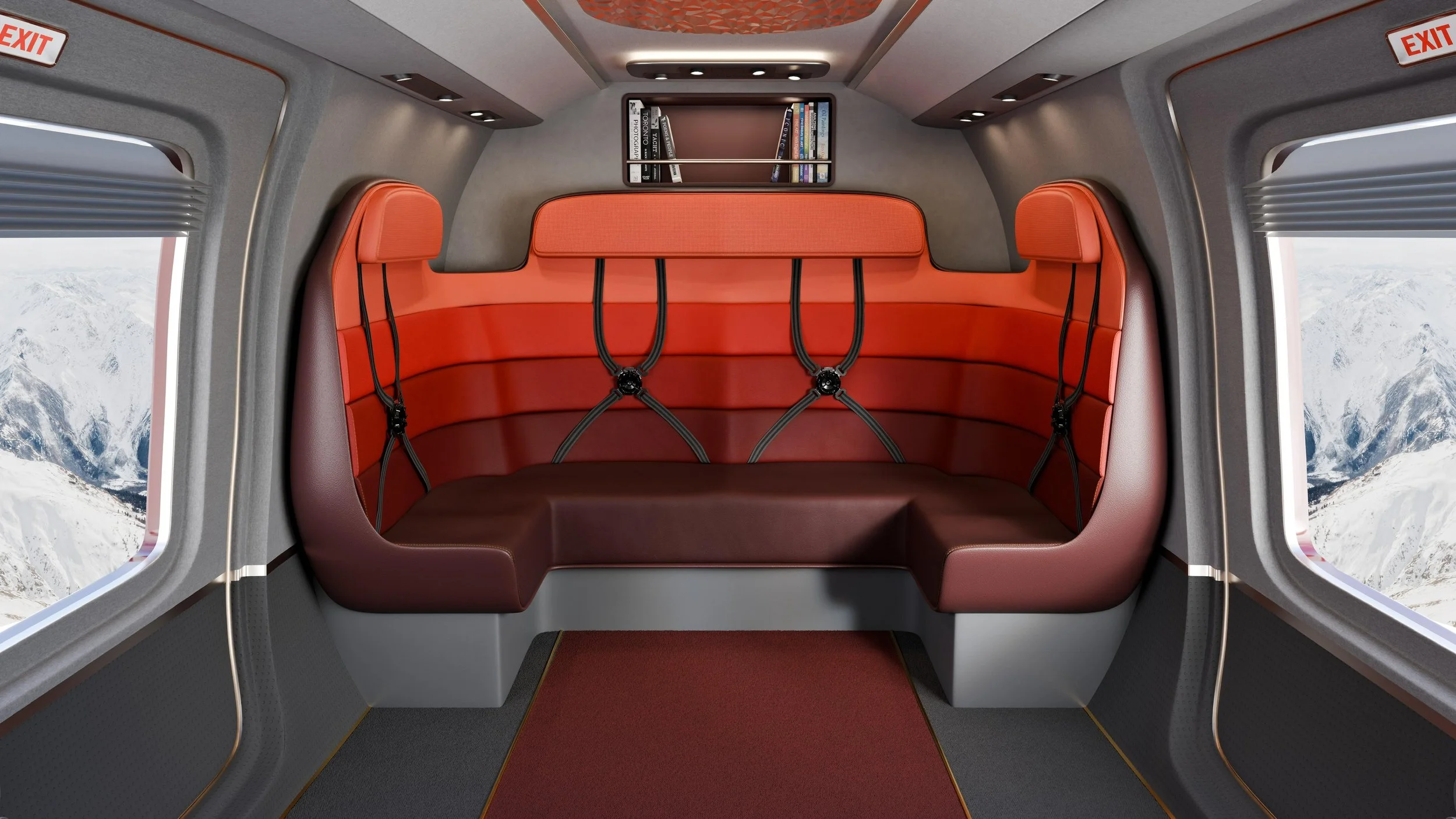 The interior of a bespoke Bell 525 Relentless by top private jet designer Sarah Larranaga in collaboration with Christopher Nobles.