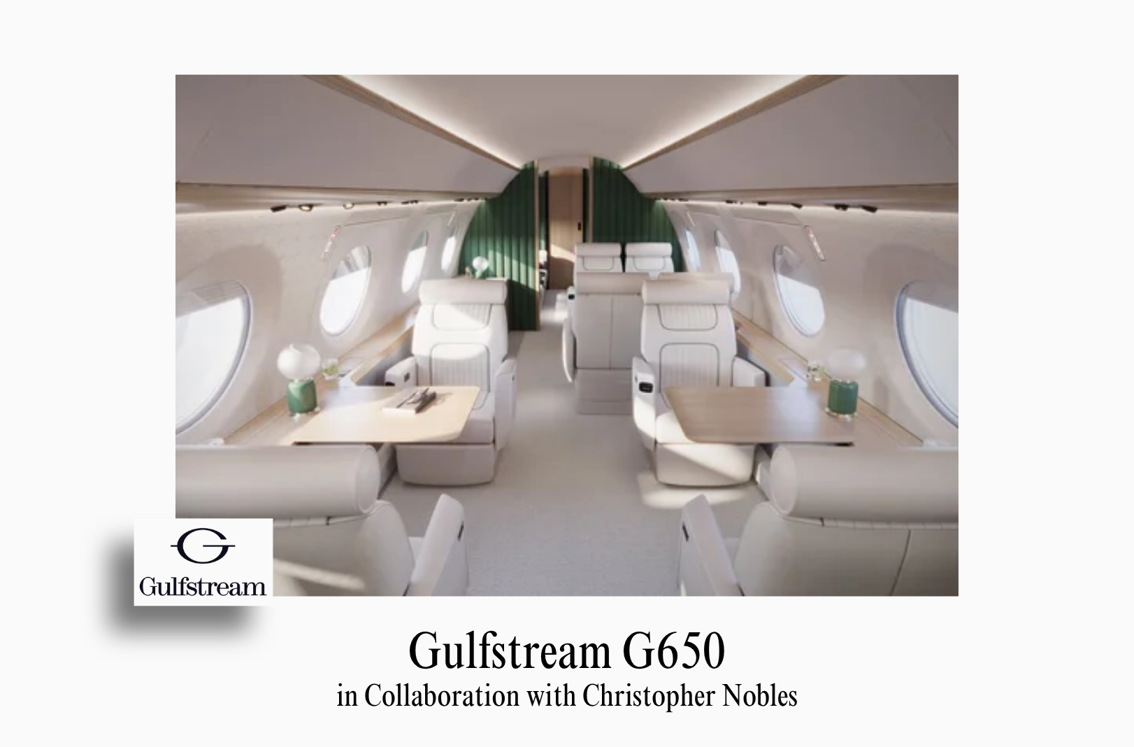 An image showcasing the bespoke private jet interior of a Gulfstream G650 by Sarah Larranaga