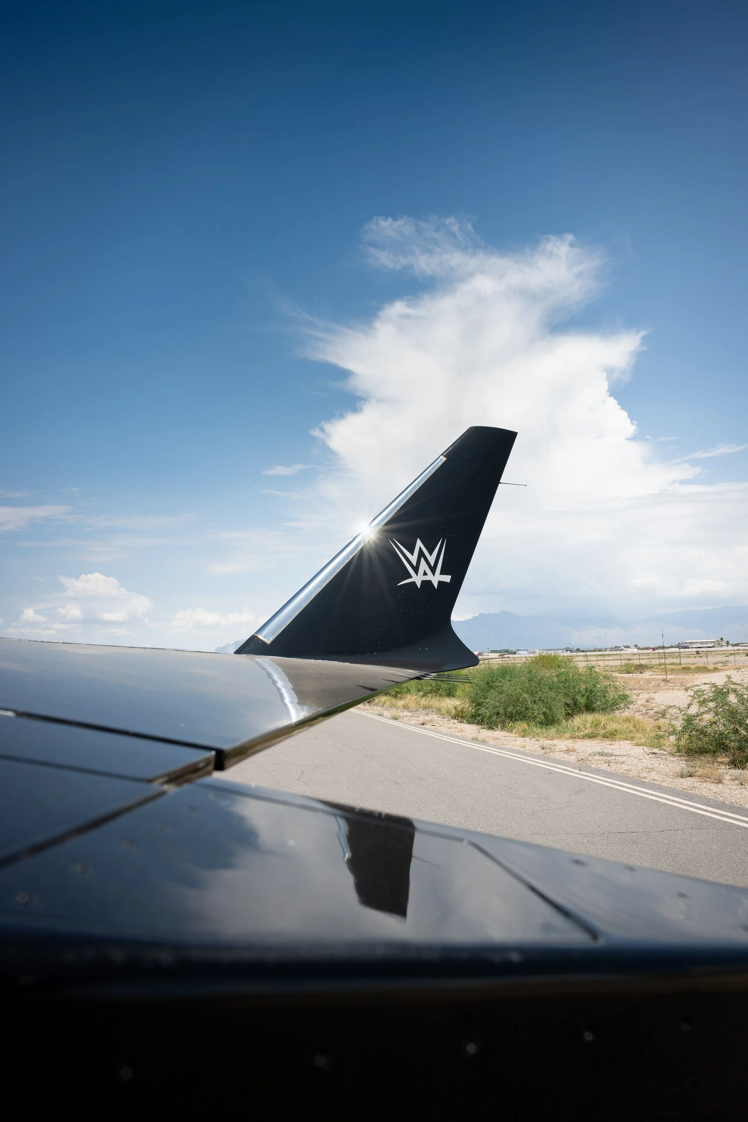 View of the wing of a Bombardier Global 6500 by Sarah Larranaga Aviation Design with the WWE logo, taken from inside an aircraft, with the sky and clouds visible outside.