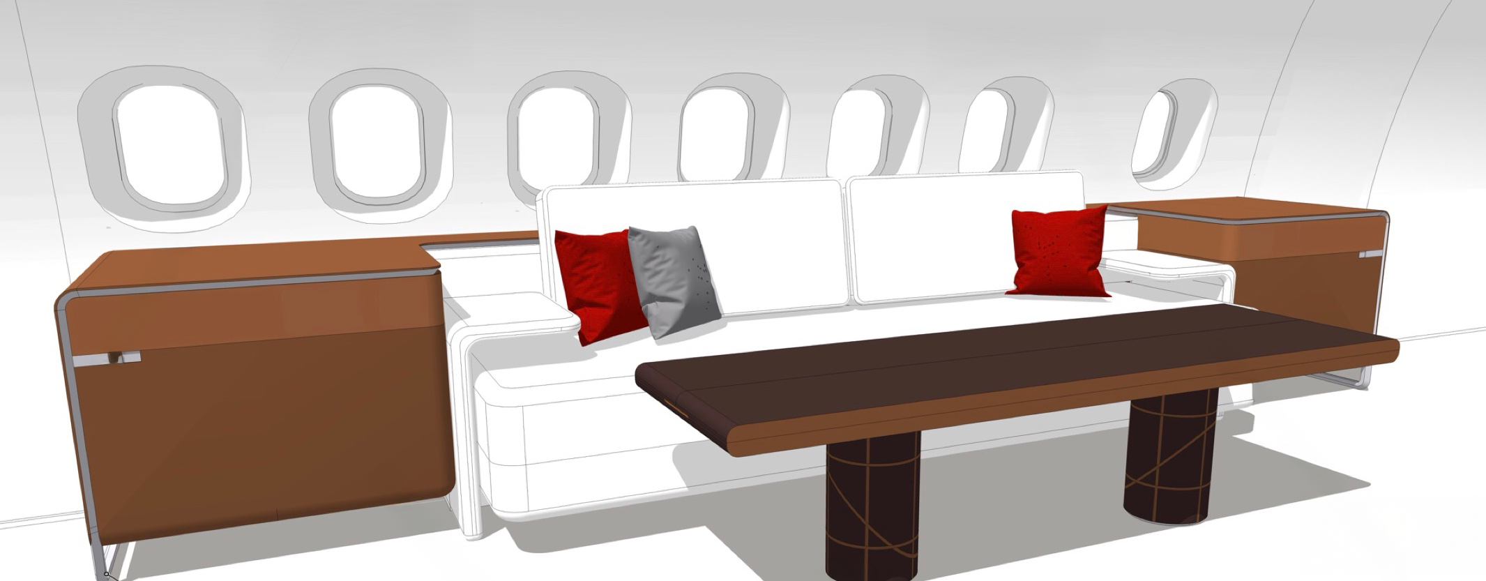 Digital illustration of airplane cabin interior designed by Sarah Larranaga with a white sofa, wooden walls, a table, and red and gray pillows, with airplane windows in the background.