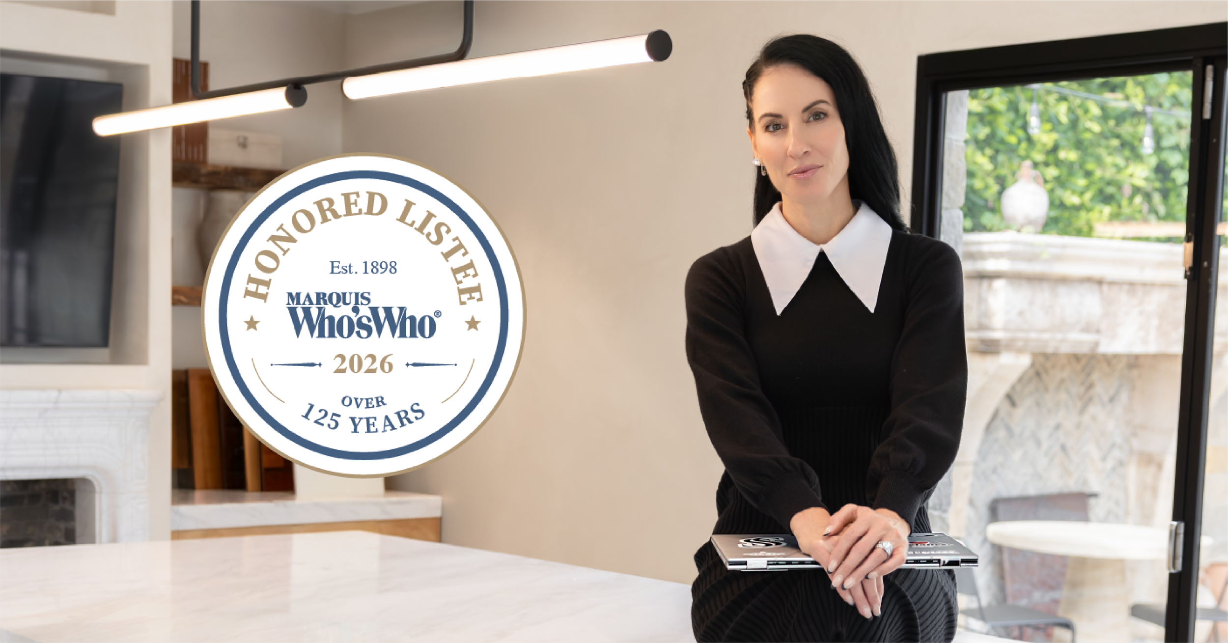 Sarah Larranaga, private jet designer, with Marquis Who’s Who Honorary Listee badge.