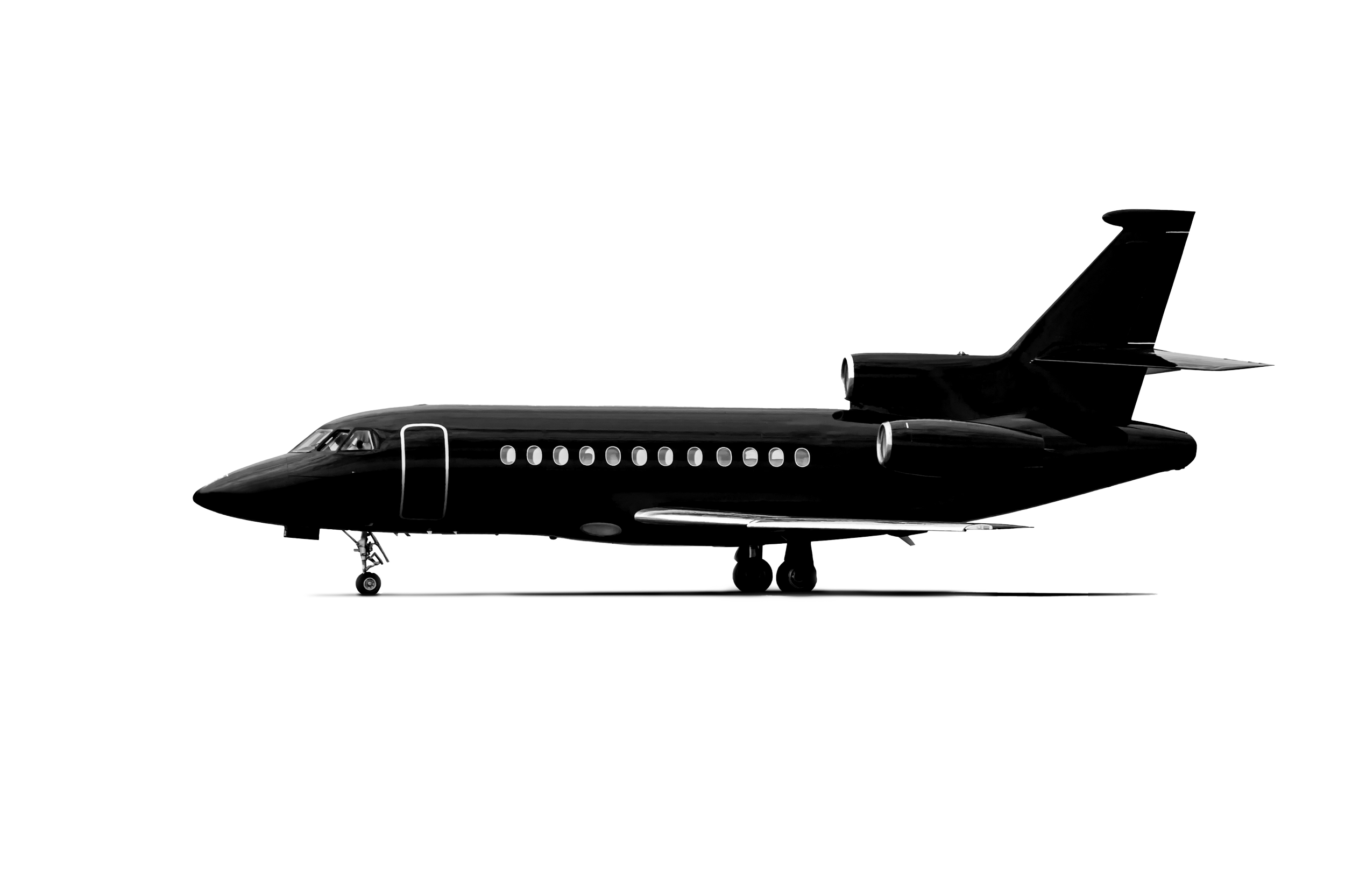 A black fighter jet with sleek design, landing gear visible, shown in profile against a white background.