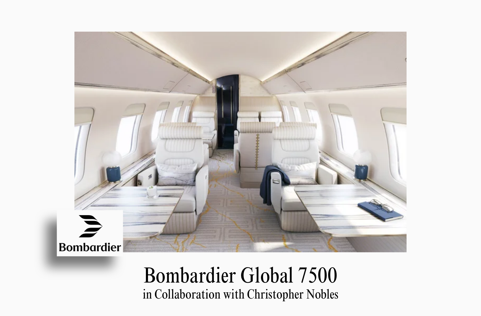 An image showcasing the bespoke private jet interior of a Bombardier Global 7500 by Sarah Larranaga