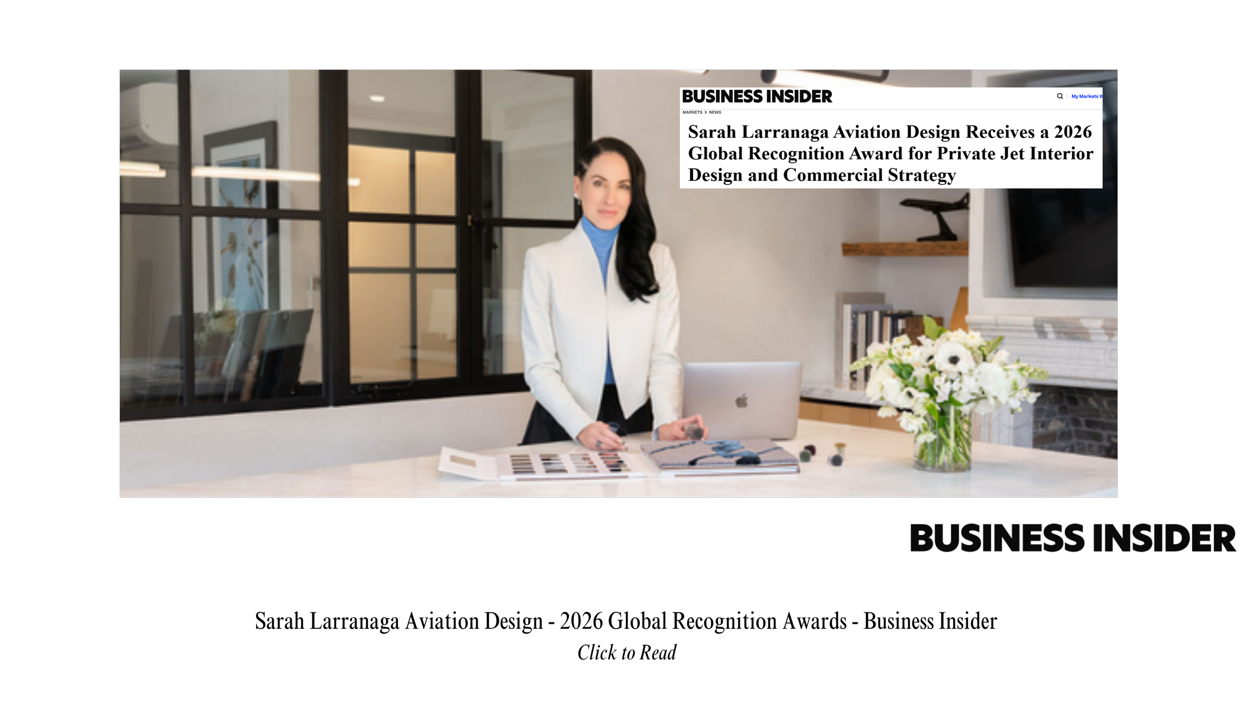Sarah Larranaga Aviation Design receives a 2026 Global Recognition Award for excellence in private jet interior design, innovation, and aviation commercial strategy.