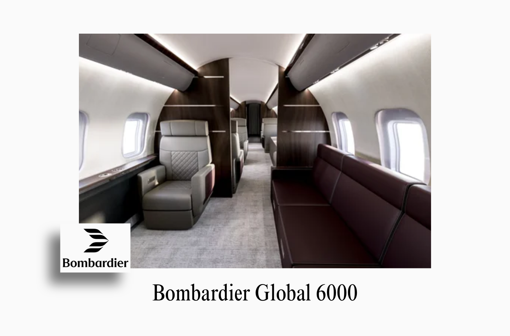An image showcasing the bespoke private jet interior of a Bombardier Global 6000 by Sarah Larranaga