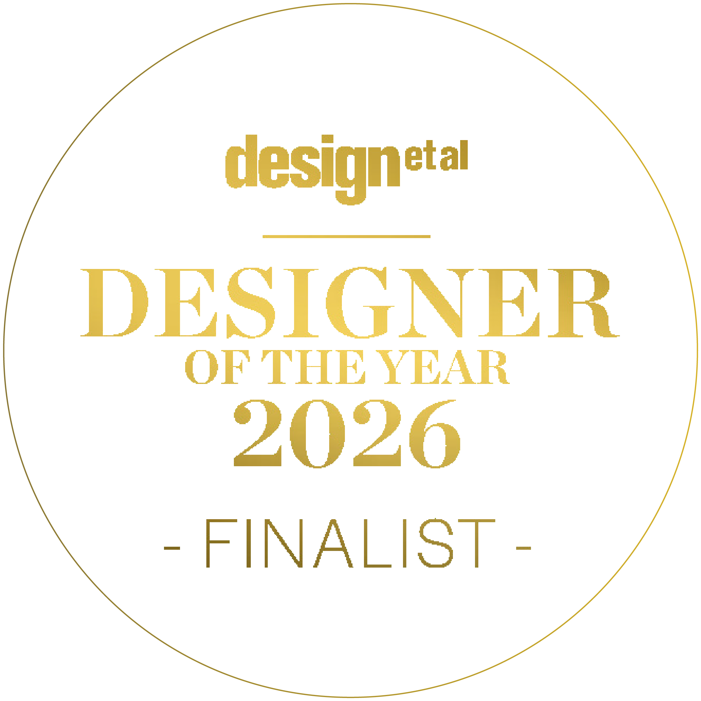 Top private jet designer Sarah Larranaga's finalist award for 'designetal DESIGNER OF THE YEAR 2026' in gold letters.