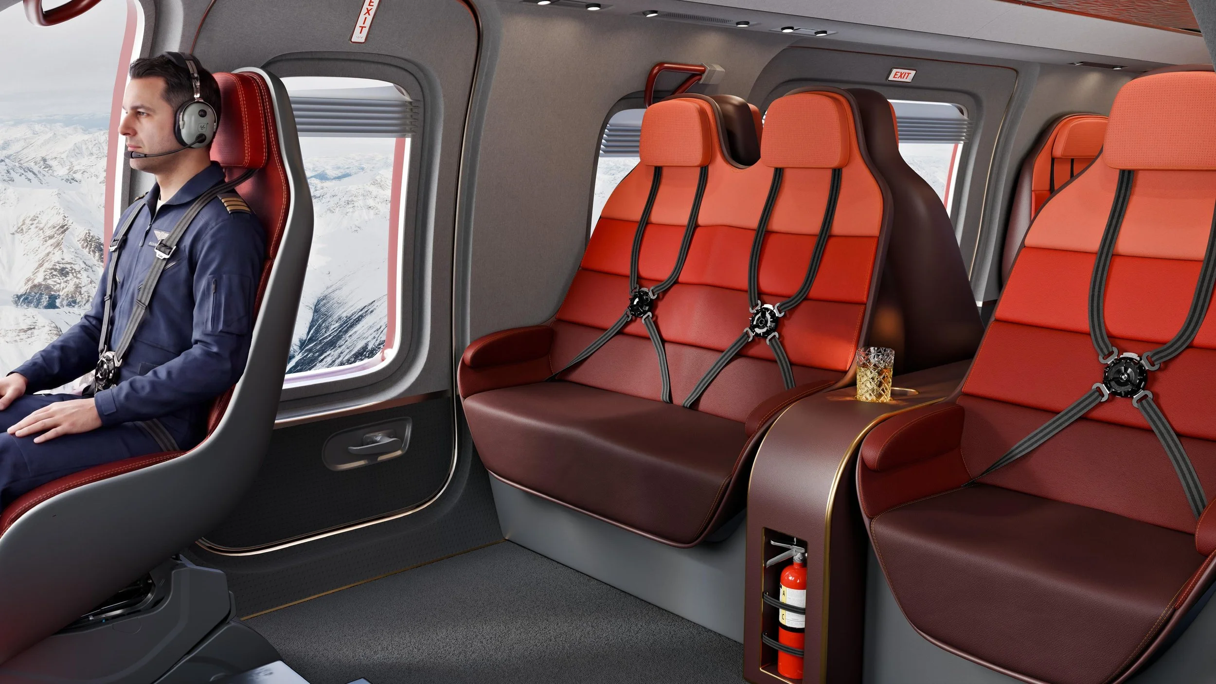 The interior of a bespoke Bell 525 Relentless by top private jet designer Sarah Larranaga in collaboration with Christopher Nobles.