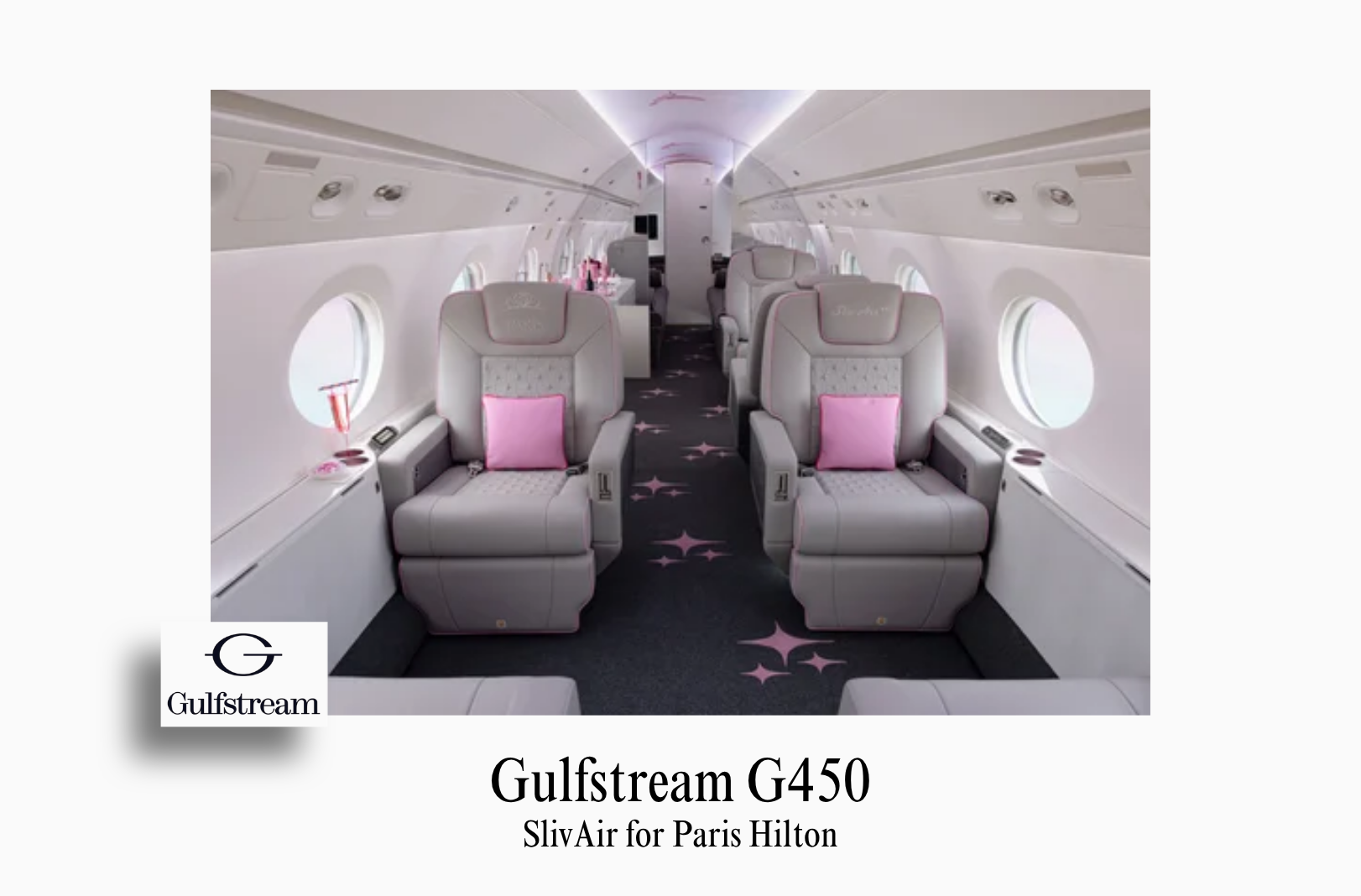An image showcasing the bespoke private jet interior of a Gulfstream G450 by Sarah Larranaga