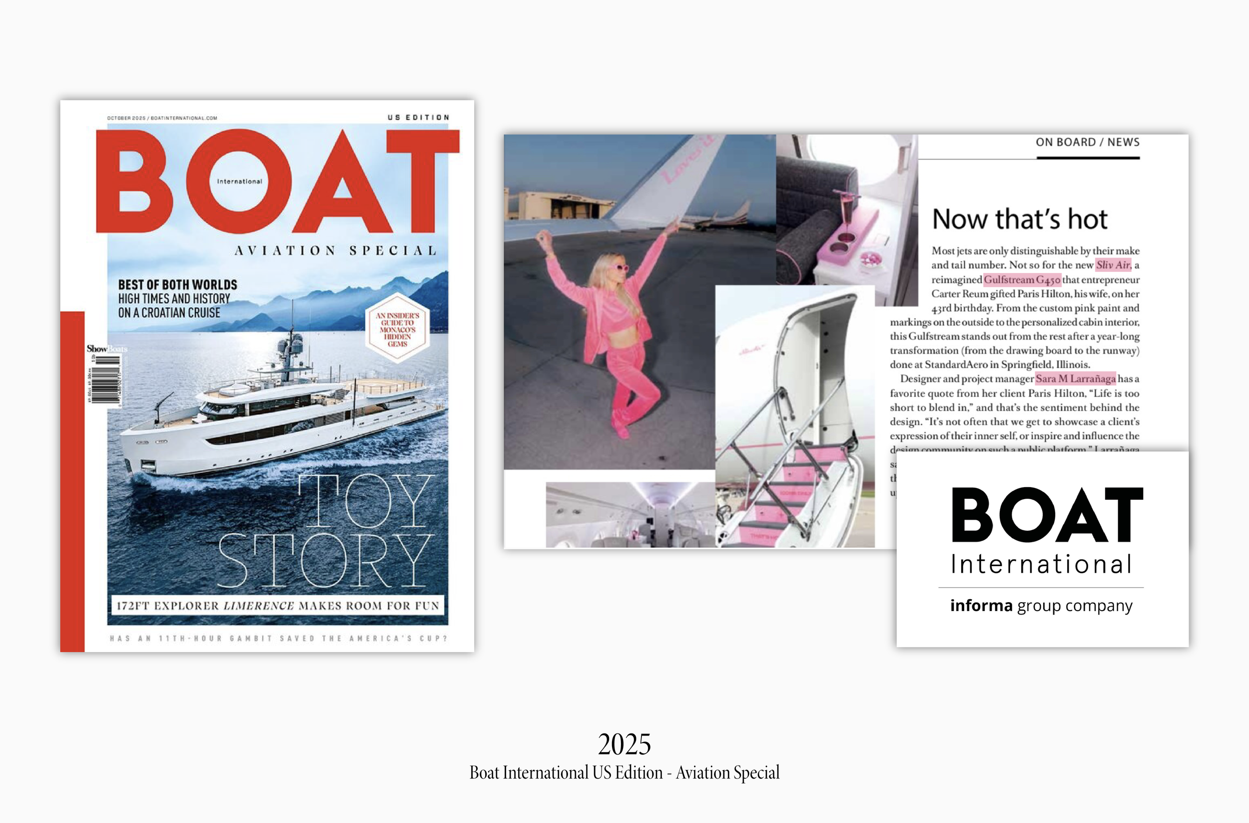 Sarah Larranaga's feature on the October 2025 issue of Boat International US Edition Aviation Special as the Top Private Jet Designer