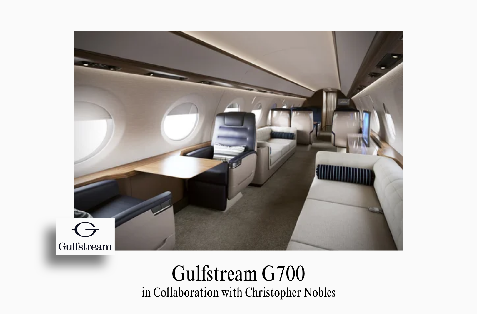 An image showcasing the bespoke private jet interior of a Gulfstream G700 by Sarah Larranaga