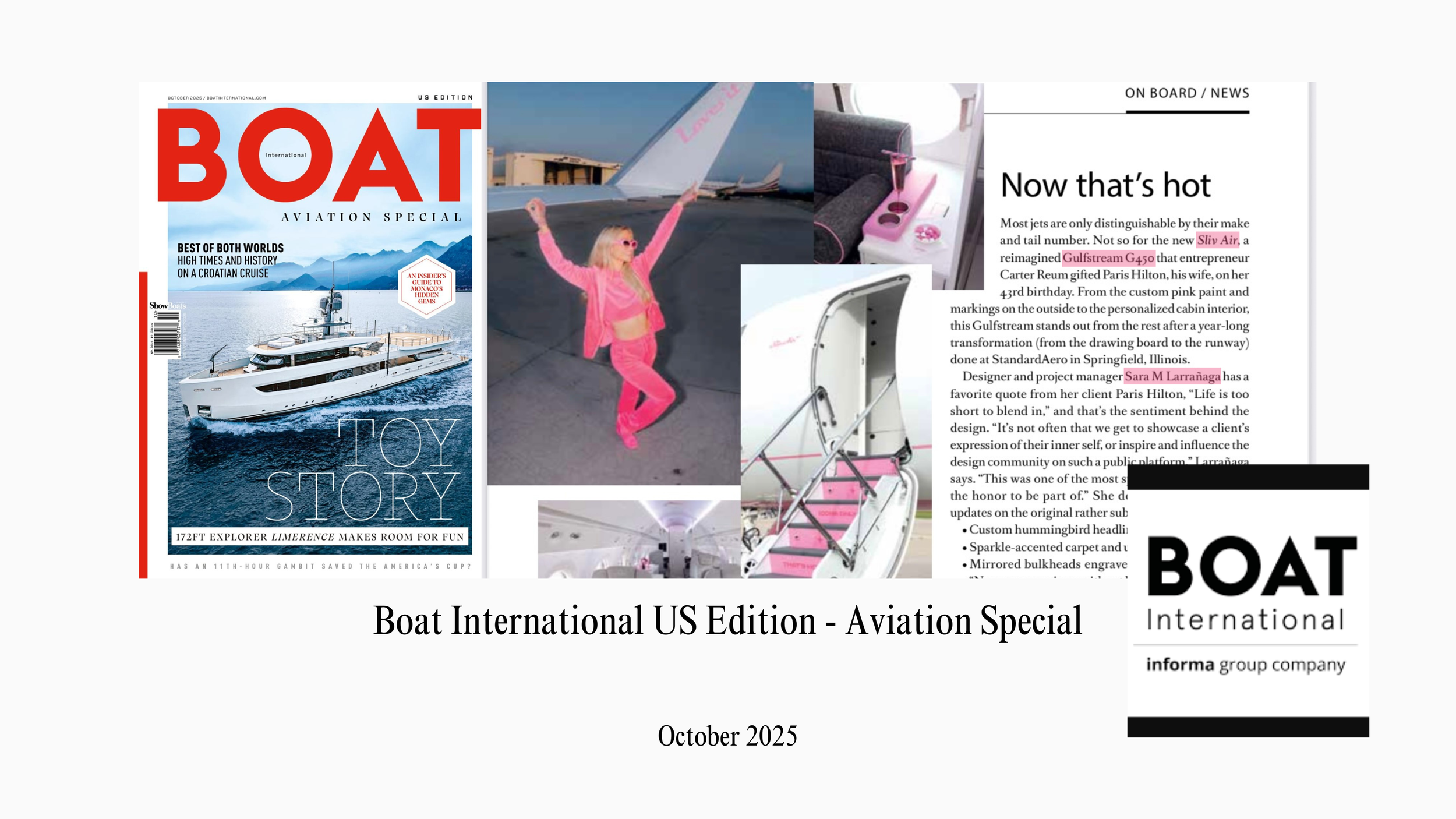 Sarah Larranaga's feature on the October 2025 issue of Boat International US Edition Aviation Special as the Top Private Jet Designer