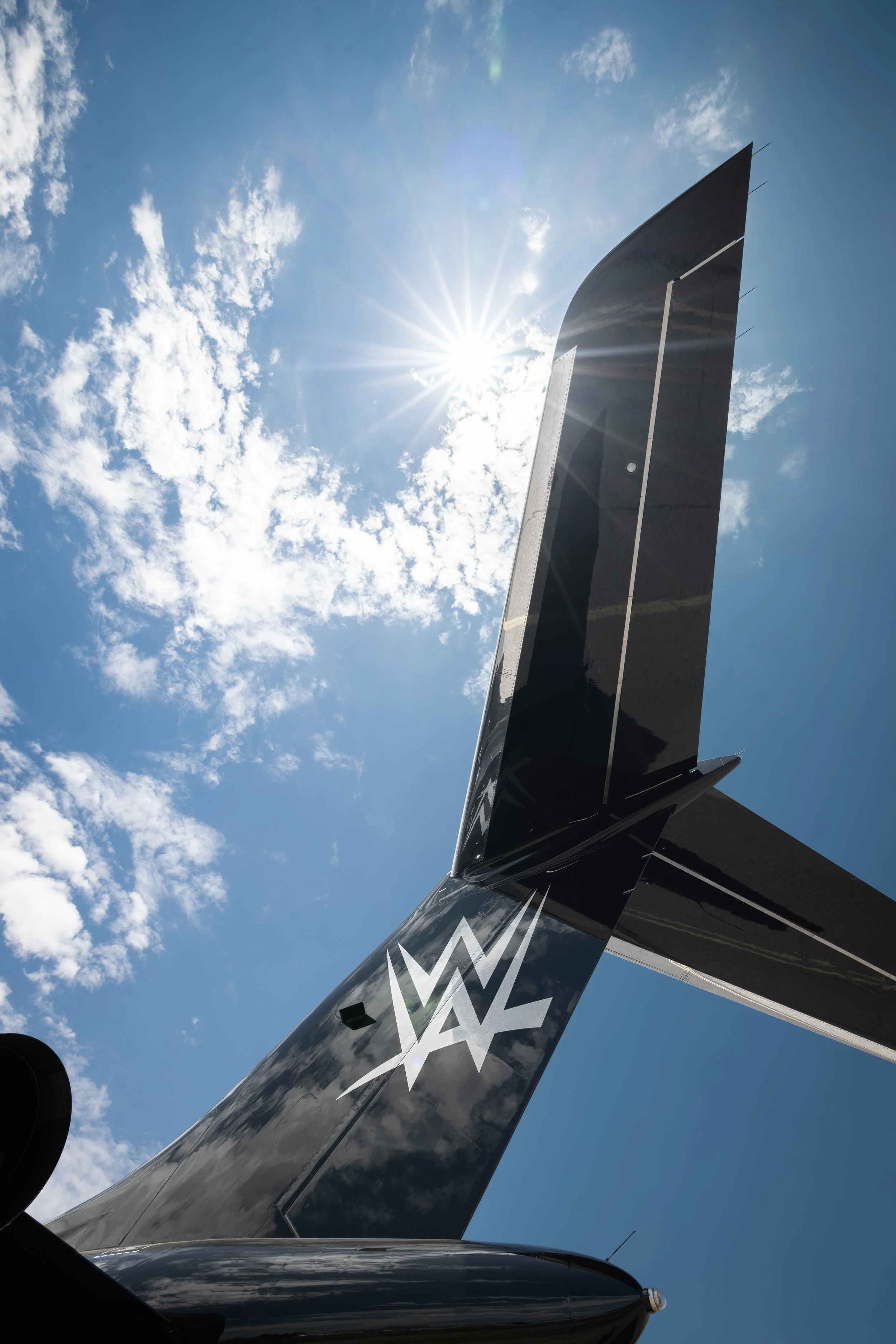 Close-up view of a Bombardier Global 6500 wing by Sarah Larranaga Aviation Design, against a backdrop of blue sky and white clouds.