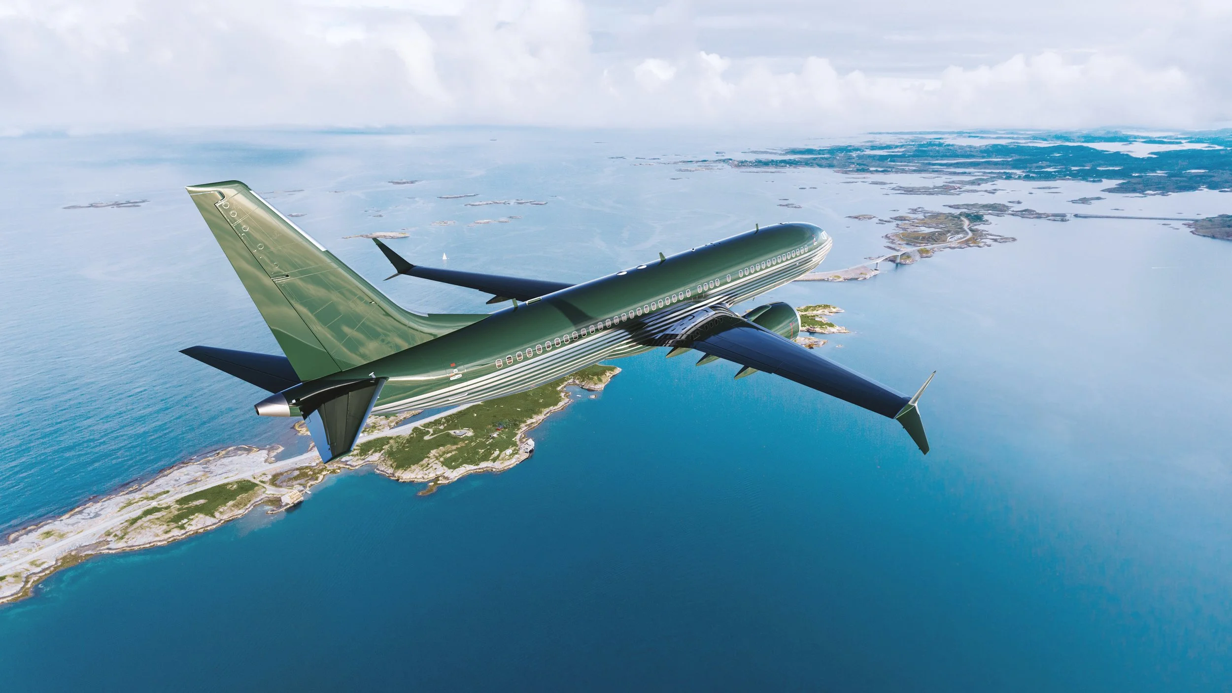 A large green Boeing 787 designed by Sarah Larranaga flying over a coastal landscape with islands and water.